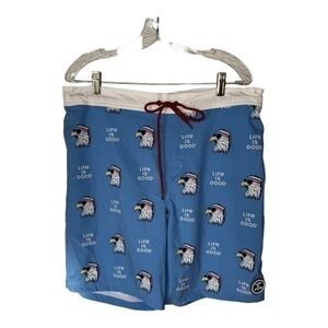 Life Is Good Blue Eagle Print Brief Lined Swim Trunks 50+ UPF Board Short XL New